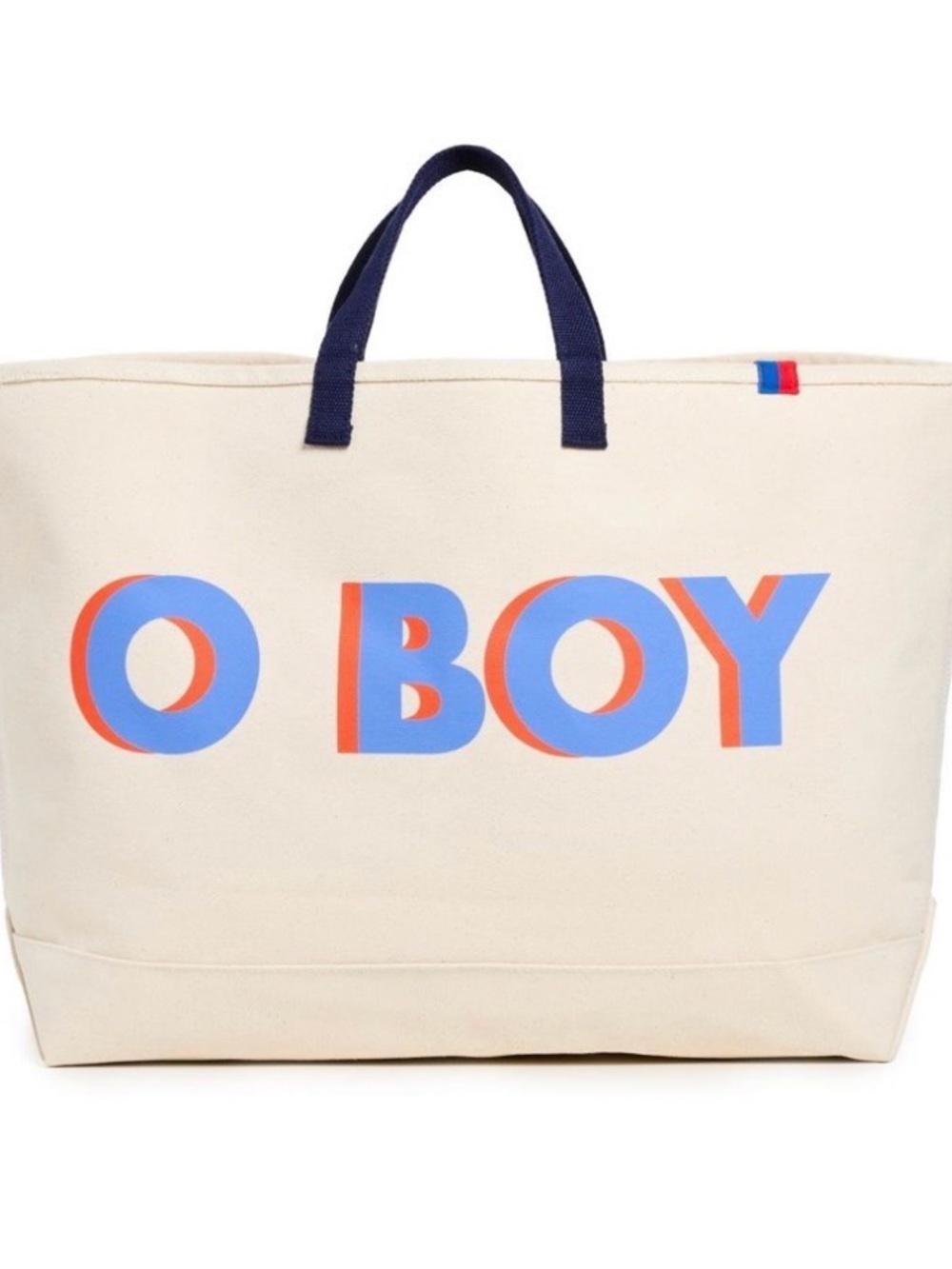ISO (IN SEARCH OF) - KULE Cream Canvas Tote with Blue and Red 'O BOY' Graphic